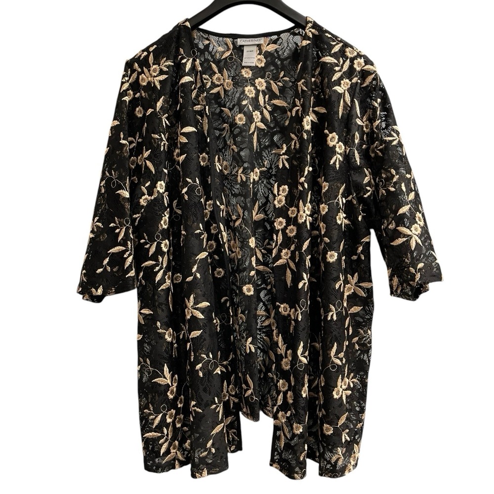 Catherines Kimono Womens 2XWP Black Lace Gold Floral Open Front Event Cocktail‎